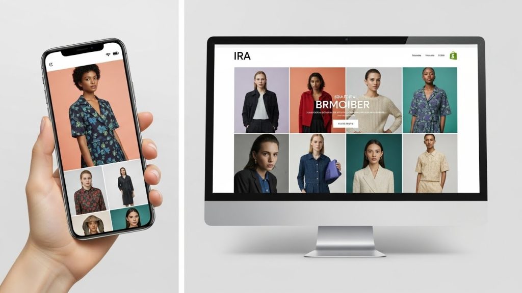 IRA Shopify Theme mobile responsiveness with editorial grid layout on iPhone and desktop.