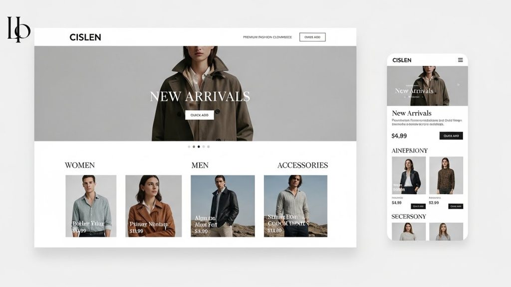 Professional fashion ecommerce website homepage showcasing Cislen Shopify Theme, clean minimal layout, premium clothing products, modern typography, desktop and mobile view
