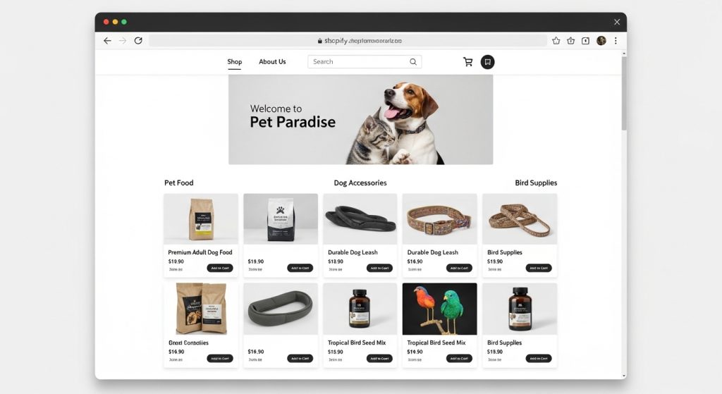 Bowie Pets, Birds and Dogs Shopify Theme homepage layout design