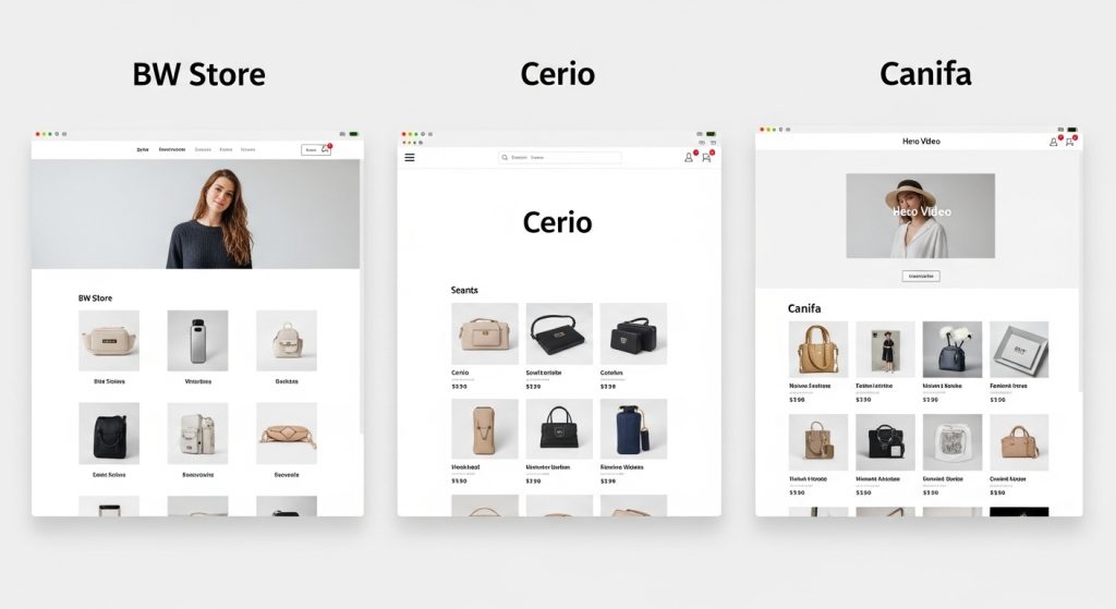 Comparison of BW Store Shopify Theme with Cerio and Canifa showing clean multipurpose layouts