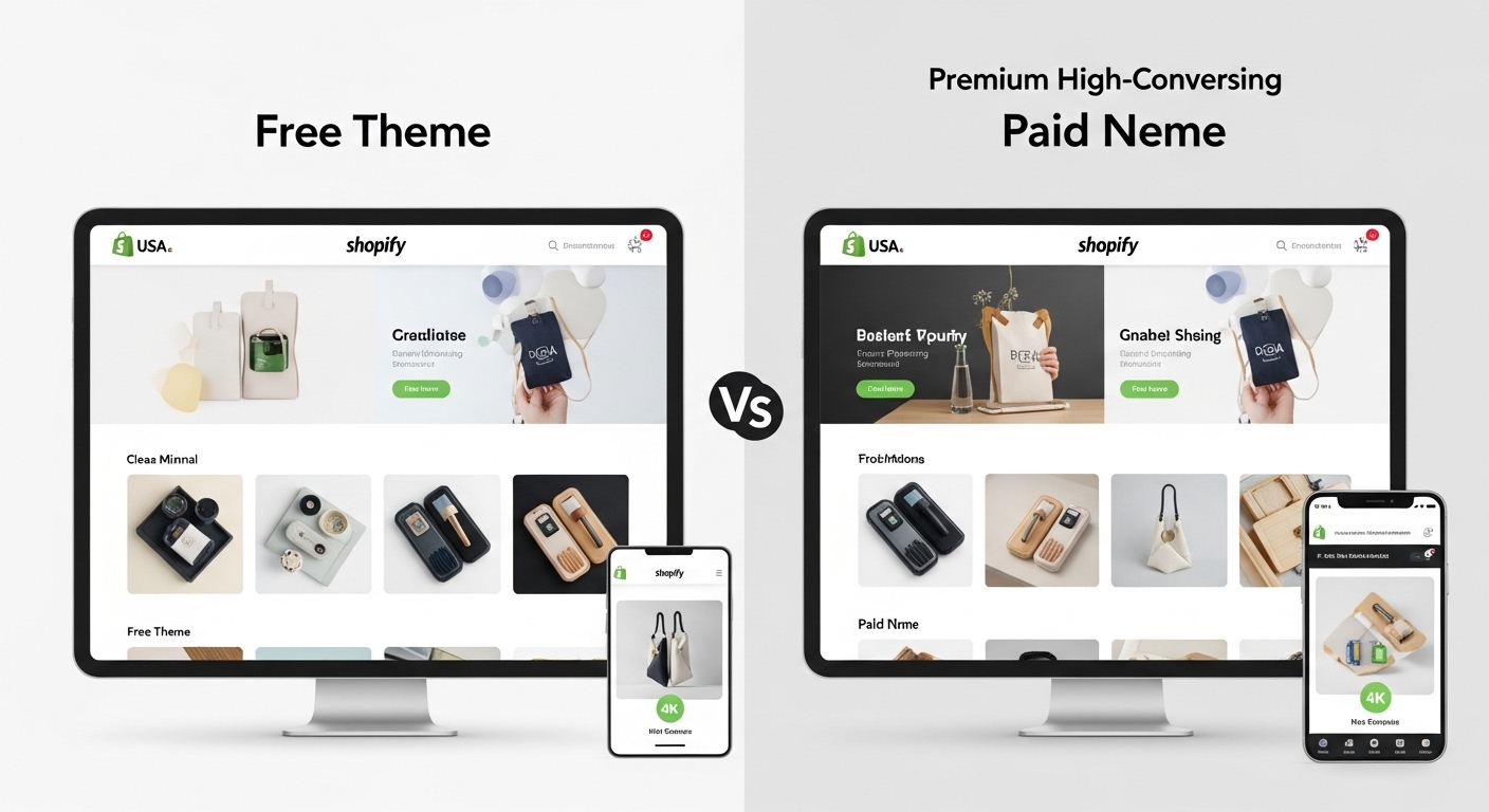 Best Shopify themes for dropshipping 2026 comparison showing free vs paid Shopify themes layout