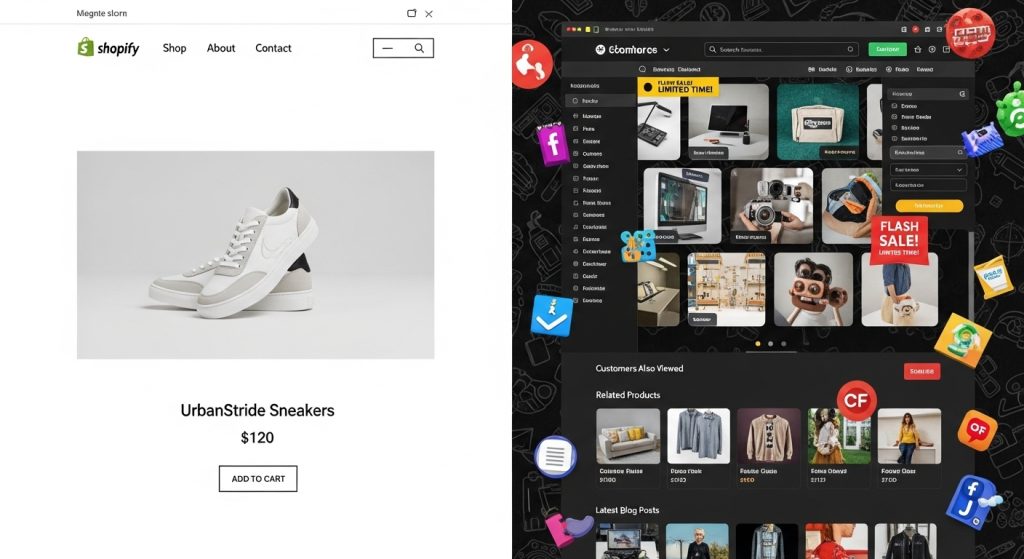 Comparison between minimalist Shopify theme and feature heavy ecommerce themes