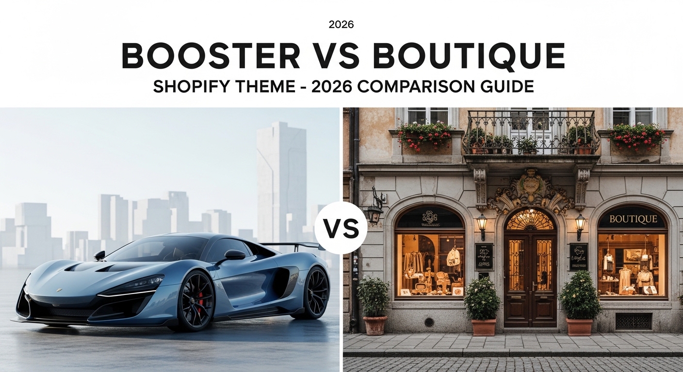 Booster vs Boutique Shopify Theme comparison layout preview 2026