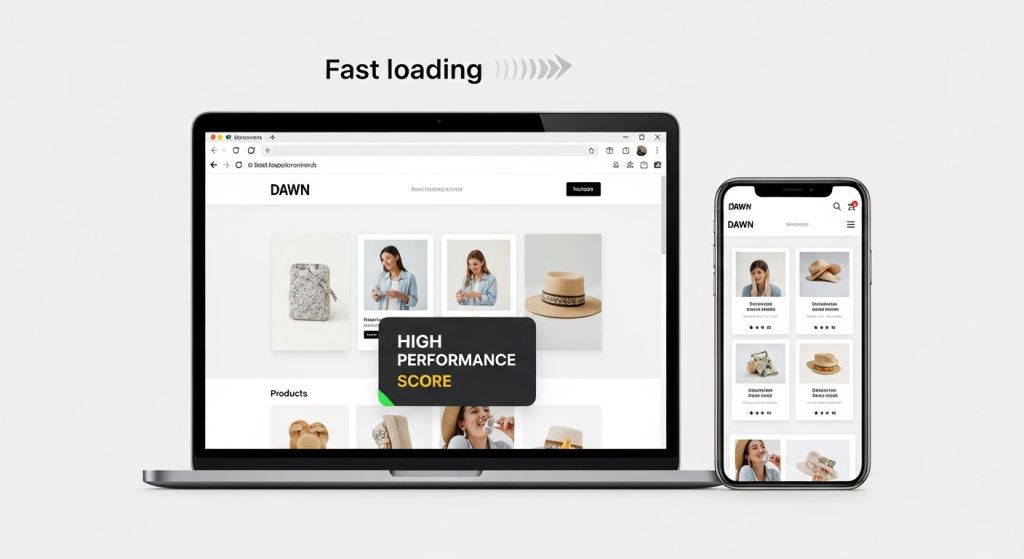 Dawn theme performance results as the fastest Shopify theme for dropshipping stores.