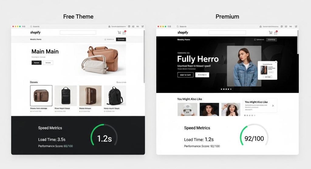 Free vs premium comparison for fastest Shopify theme for dropshipping performance.